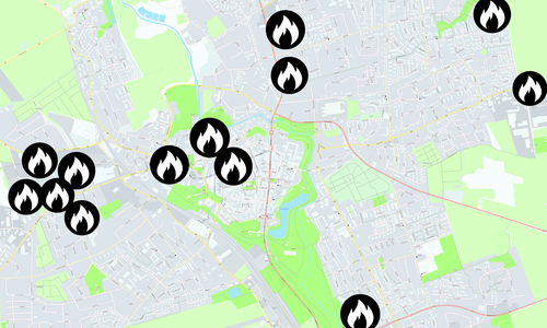 Am Montagabend brannte es wieder an der Adersheimer Straße (links), wo es vorher bereits zu vier Vorfällen in der Nähe kam. Foto/Karte: Feuerwehr Wolfenbüttel/Maps4News/Nick Wenkel