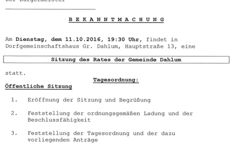 Am. Oktober tagt der Gemeinderat in Dahlum. Foto: 