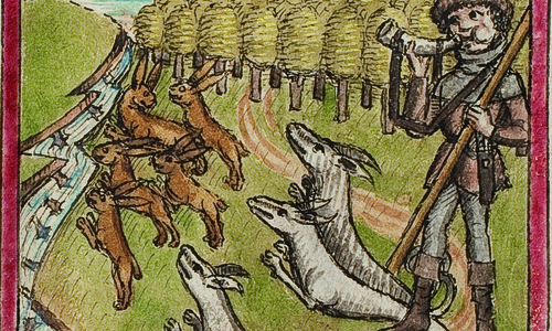 Wolfenbütteler Priamelhandschrift. Ausschnitt aus Boners Edelstein mit Hasenjagd, um 1450. Foto: HAB