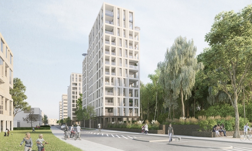 Die beiden exponierten Wohngebäude bilden zukünftig das westliche Entree des Wohnquartiers Hellwinkel Terrassen. Grafik: Revitalis
