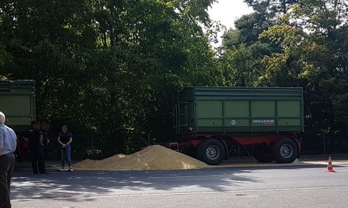 Der Anhänger hat eine große Menge an Weizen verloren. Foto: Julia Seidel