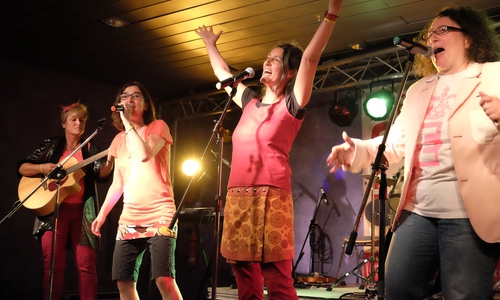 Bei den Frauenmusiktagen 2016 widmeten sich die Workshops der Musik verschiedener Dekaden. Beim Abschlusskonzert präsentierten sich unter anderem die 80er- und 90er-Jahre Band. Foto: Vera Lüdeck