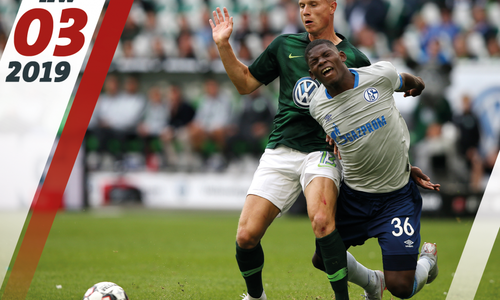 Das wird wieder ein enger Tanz zwischen Yannick Gerhardt (VfL Wolfsburg) und Breel Embolo (Schalke 04). Foto: Agentur Hübner