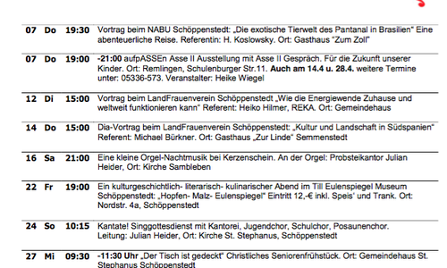 Veranstaltungskalender der Samtgemeinde Elm-Asse für April. Foto: Privat