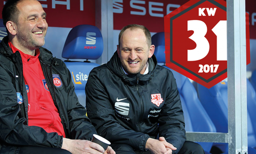 Duell der dienstältesten Übungsleiter der Liga: Frank Schmidt (links) macht am 17. September die zehn Jahre voll. Torsten Lieberknecht im kommenden Mai. Foto: Agentur Hübner