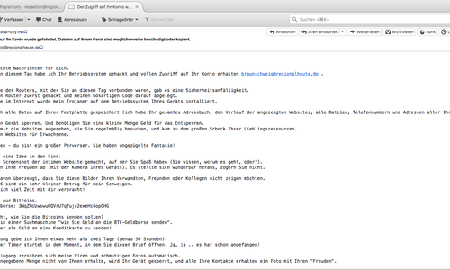 Auch in unserer Redaktion trudelten bereits Mails mit Erpressungsversuchen ein. Screenshot: regionalHeute,de