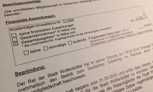 Die zu beschließende Vorlage der Stadtverwaltung Wolfenbüttel sieht eine Beendigung der unmittelbaren Mitgliedschaft im Deutschen Städtetag vor. Symbolfoto: Werner Heise