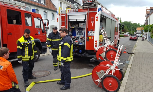 Die Feuerwehr beim Versuch eine Ente in ein Netz zu spülen. Fotos: Lars Schäfer, Feuerwehr Wolfenbüttel
