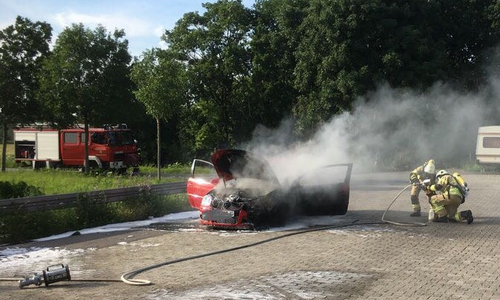 Flammen schlugen aus dem Motorraum des Fahrzeuges. Fotos: Feuerwehr Grasleben