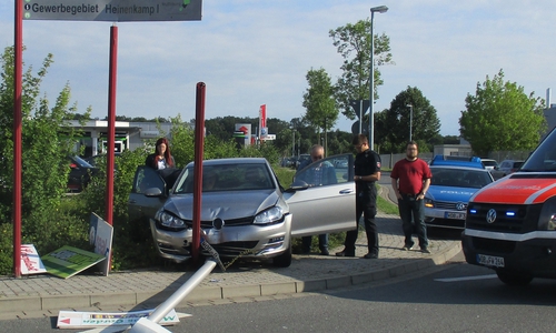 Nachdem der Fahrer rückwärts ins Gebäude fuhr, ging es vorwärt mit Vollgas durch zwei Hecken gegen eine Straßenlaterne. Foto: Polizei