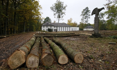 Das Offizierscasino mit dem Fliegerdenkmal von Prof. Georg Fürstenberg 2016 nach Freistellung vom Baumbewuchs durch den Kampfmittelbeseitigungsdienst, Foto Uwe Epping.

 