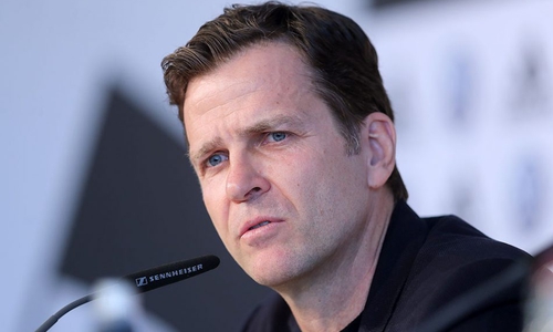 Manager Oliver Bierhoff leitete die erste Pressekonferenz in Abwesenheit des Bundestrainers. Foto: Agentur Hübner