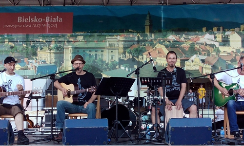  „Play it again, Sam!“ beim Partnerschaftsfestival in Bielsko-Biała: Klaus Jank, René Tuschinski, Philipp Kröller und Udo Eisenbarth (v. l. n. r.). Foto: Stadt Wolfsburg
