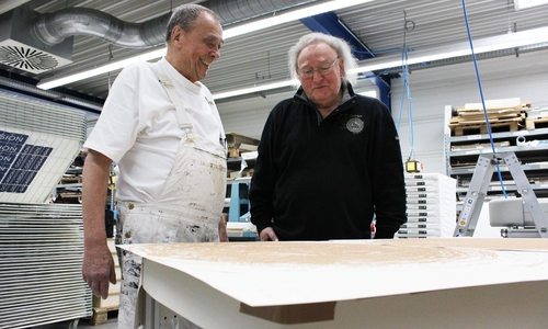 Günther Uecker und Michael Kluth (v.l.) während der Dreharbeiten zu „Huldigung an Hafez“, 2016.  Foto: Privat