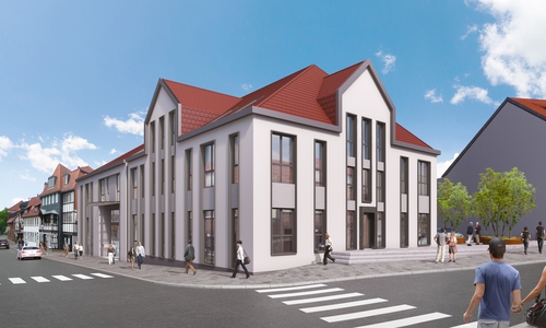 Der Geschäftsstellen-Neubau der Volksbank BraWo in der Bahnhofstraße soll sich optisch in die historische Altstadt einfügen. Hier ein Modell des Architekten.

Bild: Bühring Architekten GmbH
