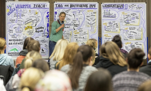Britta Mutzke, visuelle Dokumentatorin des Tages, bei der Erläuterung ihrer Zeichnungen. Foto: Stadt Wolfsburg