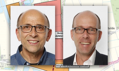 Dr. Dr. Wolfgang Büchs und Niels Salveter BIBS vor der Karte des geplanten Gewerbegebiets Fotos: BIBS; Karte: Stadt Braunschweig, Stadt Salzgitter