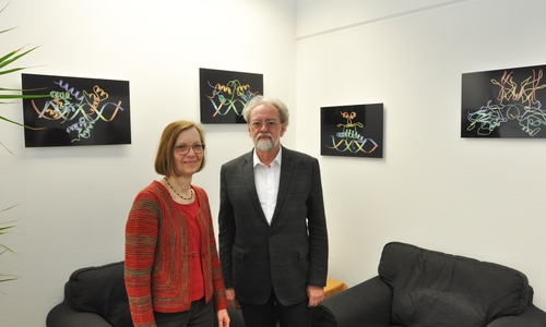 Dr. Ines Liebich mit Prof. Dr Edgar Wingender in dessen neuem Büro. Die Wände zieren Drucke, die Ergebnisse aus Wingenders jahrzehntelangen Forschungsarbeiten darstellen. Foto: GeneXplain 