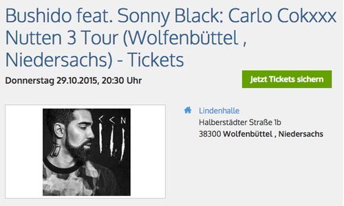 Ein Inernetportal kündigt ein Konzert von Bushido in Wolfenbüttel an. Die Stadt Wolfenbüttel dementiert. Screenshot: meinestadt.de