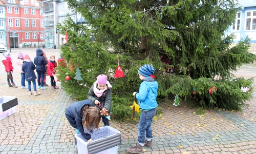 Es ist schon eine kleine Tradition, dass die Kinder der Grundschule Harztorwall die Friedenstanne schmücken dürfen. Fotos: Alexander Dontscheff