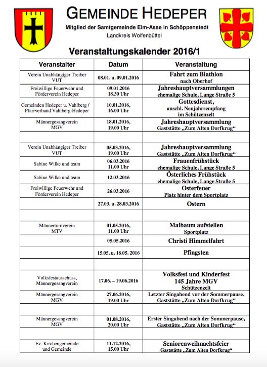 Veranstaltungskalender 2016 der Gemeinde Hedeper regionalHeute.de
