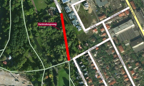 Der Verbindungsweg zwischen Teichgarten und Drei Linden soll saniert werden. Foto/Karte: maps4news/HERE/regionalHeute.de
