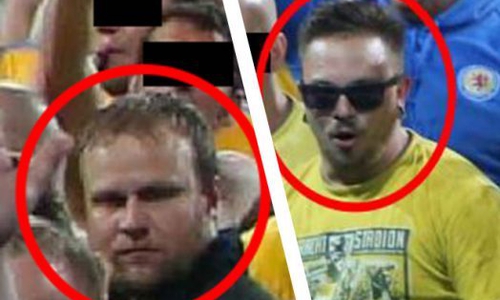 Die Polizei sucht mit Fotos nach den Randalierern des Relegationsspiels der Eintracht in Braunschweig. Fotos: Polizei