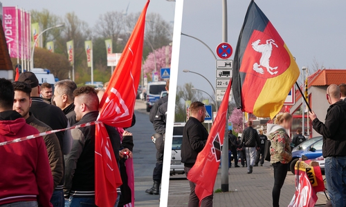 IG Metall (links) veranstaltete Gegendemo zur NPD (rechts). Es kam zu keinen Ausschreitungen. Fotos/Videos: Alexander Panknin