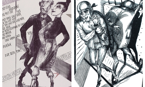 Links: Karl-Georg Hirsch/Kerstin Hensel, COR-ART-ORIUM 25. Rechts: Karl-Georg Hirsch, Holzschnitt aus Friss die Reste des Vergessens, burgart-presse, 2014. Fotos: VG Bild-Kunst, Bonn 2018