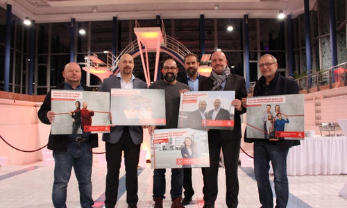 Ingolf Meyer, Marc Bäcker, Stefan Wolf, Wissam Harb, Bernd Osterloh und Harmut Erb stellten die neue Wahlkampagne vor. Foto: Sandra Zecchino