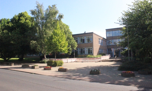 Vor der Leibniz-Realschule soll Schluss sein mit Eltern-Taxis. Dazu hat die Schule nun große Pflanzkübel vor dem Eingang aufgestellt. Foto: Anke Donner