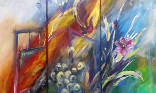 Von Antje Löffler stammt das Werk „Sturm der Elemente“. Das Triptychon entstand in Acryltechnik und hat eine Breite von 150 Zentimetern. Foto: Ladkreis Goslar