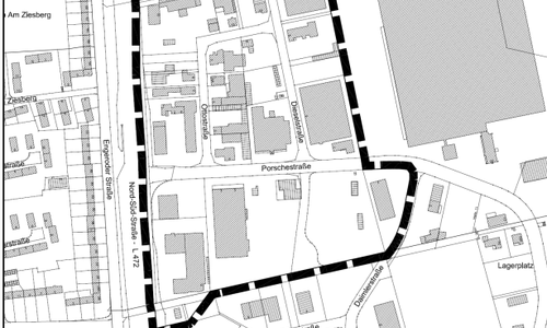 Die schwarze Linie zeigt die Grenze des räumlichen Geltungsbereichs des Bebauungsplans. Grafik: Stadt Salzgitter
