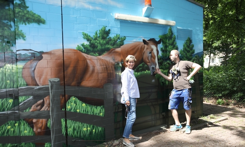 Kerstin Hecker (Marketingleiterin Stadtwerke) und Simon Pape (ART-EFX) am neuen Kunstwerk an der Adersheimer Straße. Foto: Stadtwerke Wolfenbüttel