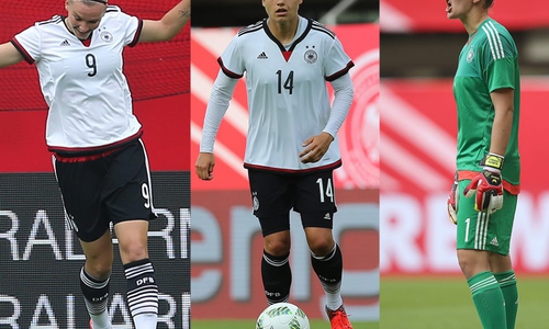 Die Wölfinnen Alex Popp, Babett Peter und Almuth Schult standen gegen Färöer in der Startelf. Foto: Agentur Hübner (3)
