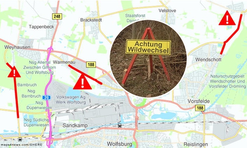 Auf diesen Strecken herrscht derzeit reger Wildwechsel.Grafik/Foto: maps4news.com/©HERE/Alexander Panknin
