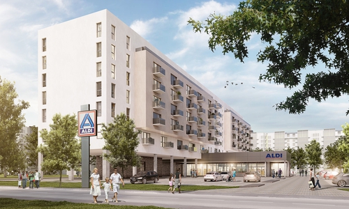 ALDI bietet in Zukunft auch Wohnungen an. Hier eine Visualisierung des Projekts in Berlin-Lichtenberg. Fotos: ALDI Nord
