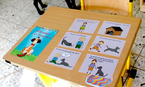 Auf kindgerechten Karten sind die Verhaltensregeln für den Umgang mit Cira dargestellt.