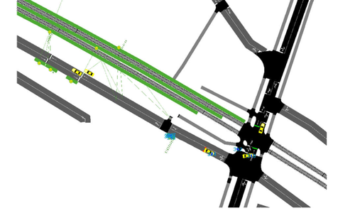 Die Abbildung zeigt die Simulation des Verkehrs von autonomen Kleinbussen (hier gelbe Fahrzeuge) rund um den Bahnhof Wolfenbüttel.