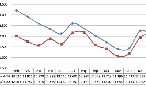 Die rote Linie zeigt die Entwicklung der Arbeitslosenzahlen von Februar 2019 bis Februar 2020. Die blaue die des Vorjahres.