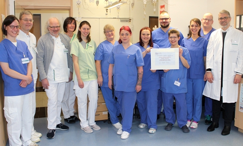 Freuen sich besonders über die hohe EU-Auszeichnung: Prof. Dr. med. Mark Obermann (r.) und weitere Mitarbeiter der Stroke Unit der Asklepios Kliniken Schildautal.