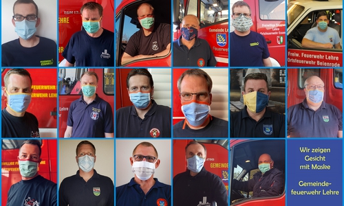 Die Feuerwehr zeigt Gesicht mit Maske.