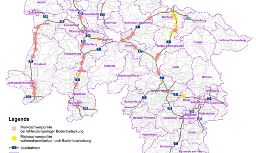 Karte der Risikoschwerpunkte für Sichtbehinderungen auf den Autobahnen in Niedersachsen.