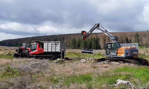 Mehrere Spezialmaschinen sind auf der Baustelle nahe Braunlage eingetroffen. Das Forstamt Lauterberg bittet Waldbesucher, die Großbaustelle am westlichen Wurmberg während der Moorrenaturierung zu meiden.