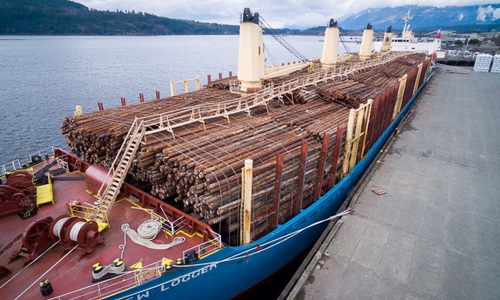 Das vom Holzhandelsunternehmen Claus Rodenberg Holzkontor gecharterte Schiff bringt Fichtenholz  aus Südniedersachsen nach Shanghai