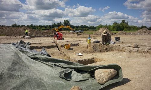 Mitarbeiter der Grabungsfirma legen archäologische Befunde frei. 