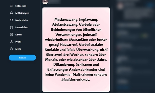 Auf Twitter bezeichnet das offizielle Profil der AfD Wolfenbüttel die Corona-Maßnahmen als Staatsterrorismus, Heid selbst würde diesen Begriff jedoch nicht verwenden.