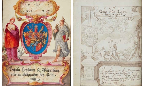 Links: Der Eintrag von Herzogin Ursula von Württemberg, Rechts: Der Eintrag von Herzog August d.J. von Braunschweig-Lüneburg