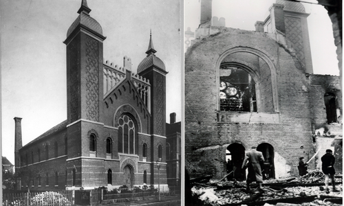 Die Synagoge vor und nach der Zerstörung durch die Nazis. 