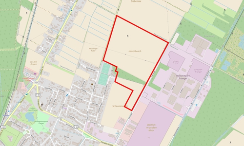 In der eingezeichneten Fläche soll das Gewerbegebiet erweitert werden. 